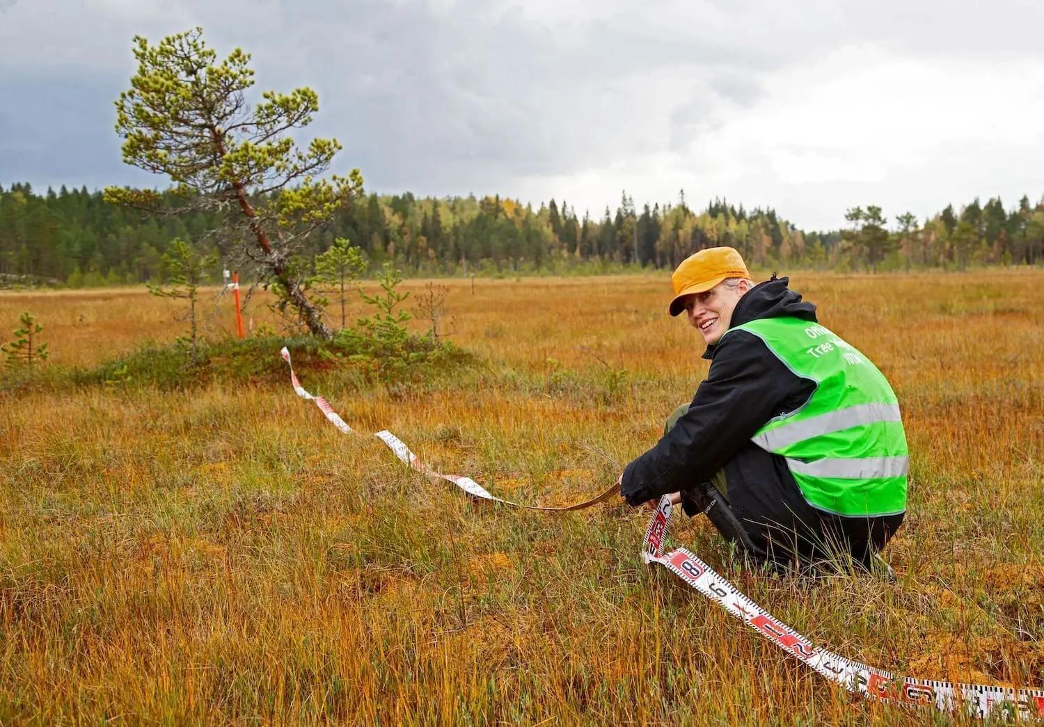 A woman wearing a dark jacket and green safety vest is kneeling in the grass, measuring the distance to a leaning tree.